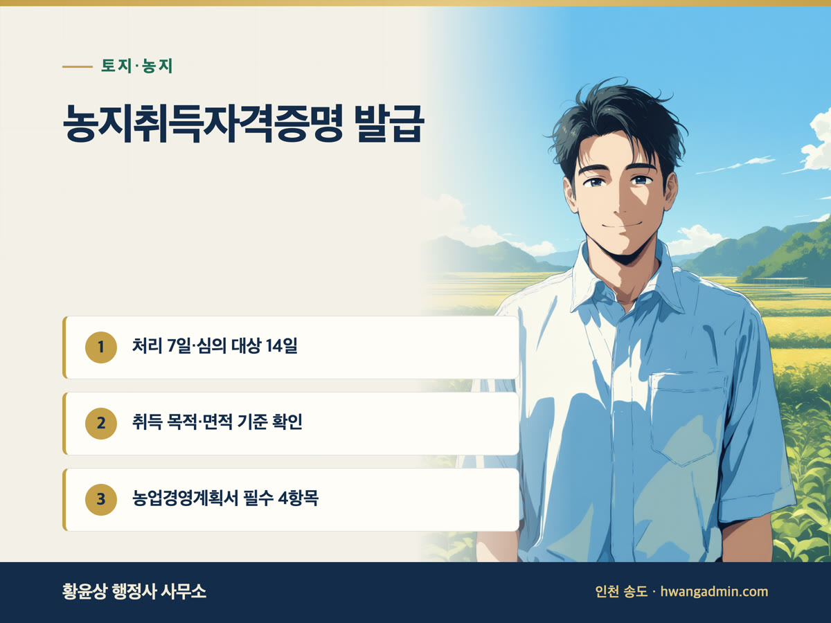 농지취득자격증명 발급 방법 — 농업경영계획서 작성과 처리기간 7일·14일 — 안내 이미지