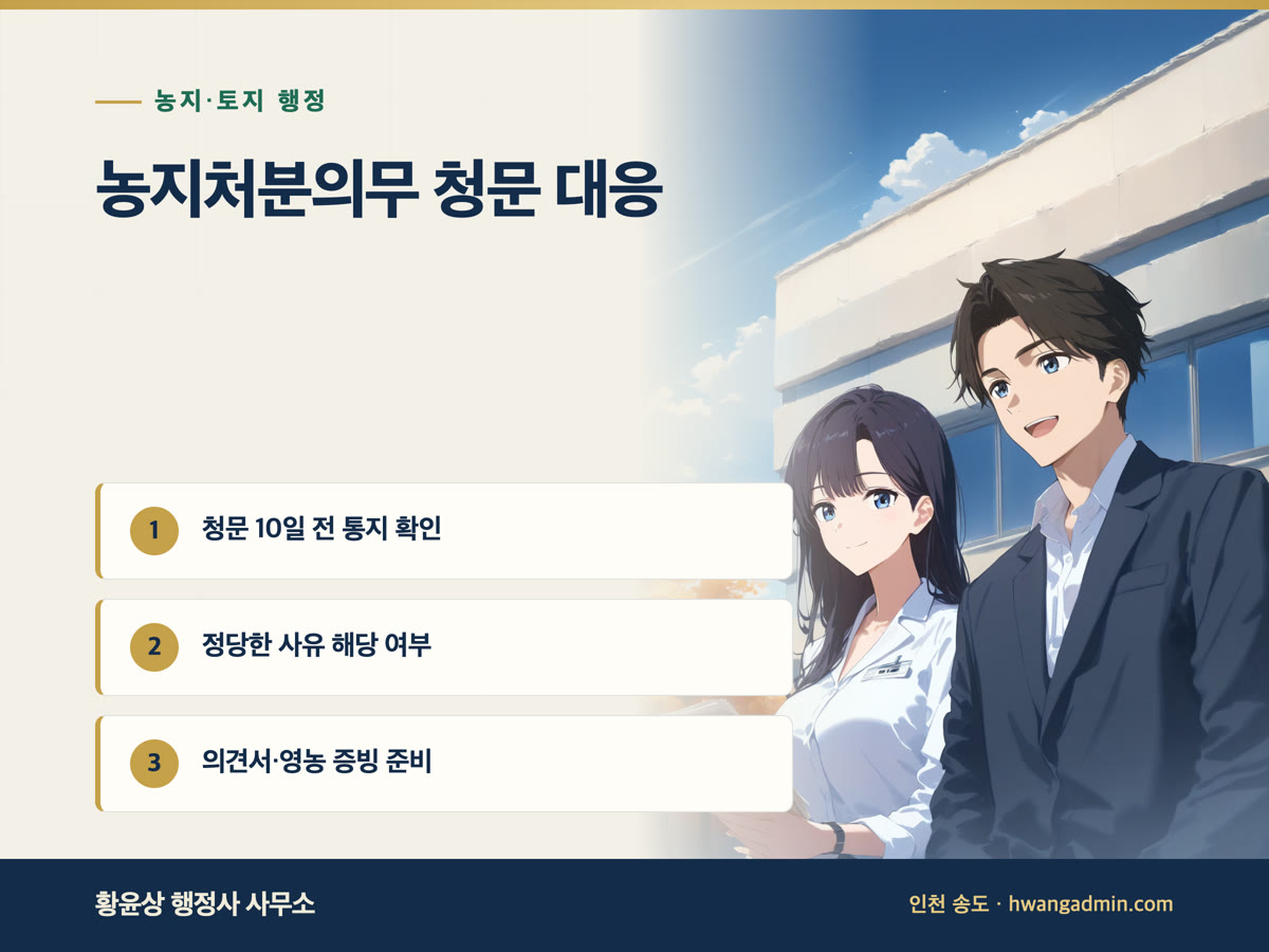 농지처분의무 청문 의견서 작성 — 휴경·임대 정당한 사유 소명과 처분 1년·이행강제금 25% — 안내 이미지