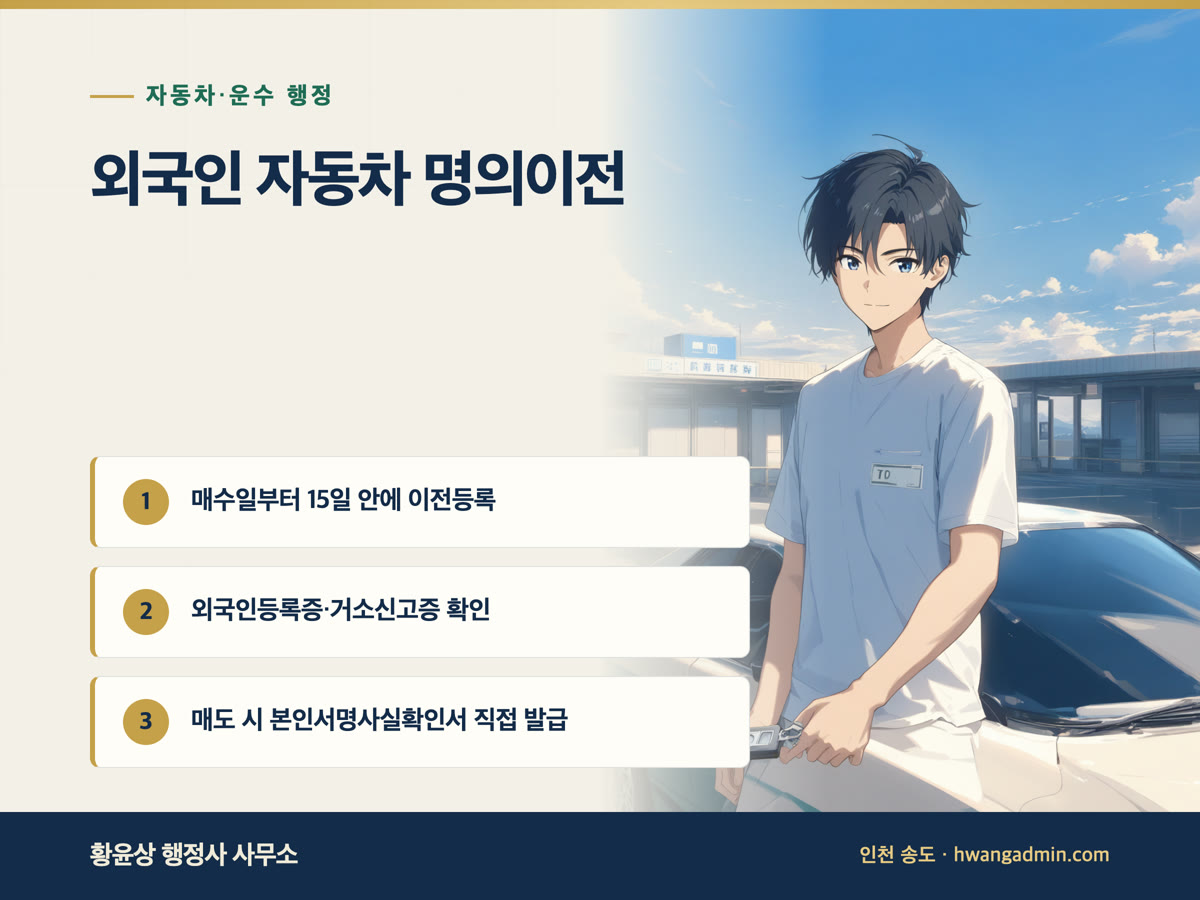 외국인 자동차 명의이전 서류 — 외국인등록증·본인서명사실확인서·15일 기한 — 안내 이미지