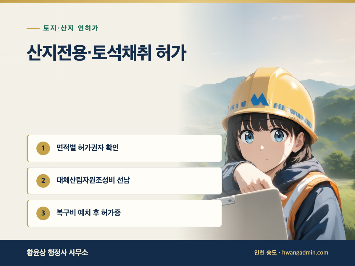 산지전용허가·토석채취허가 신청 절차 — 면적별 허가권자와 대체산림자원조성비 납부 — 안내 이미지