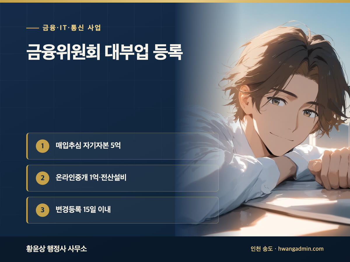 금융위원회 대부업 등록 방법 — 대부채권매입추심업 5억, 온라인대부중개업 1억과 전산요건 — 안내 이미지