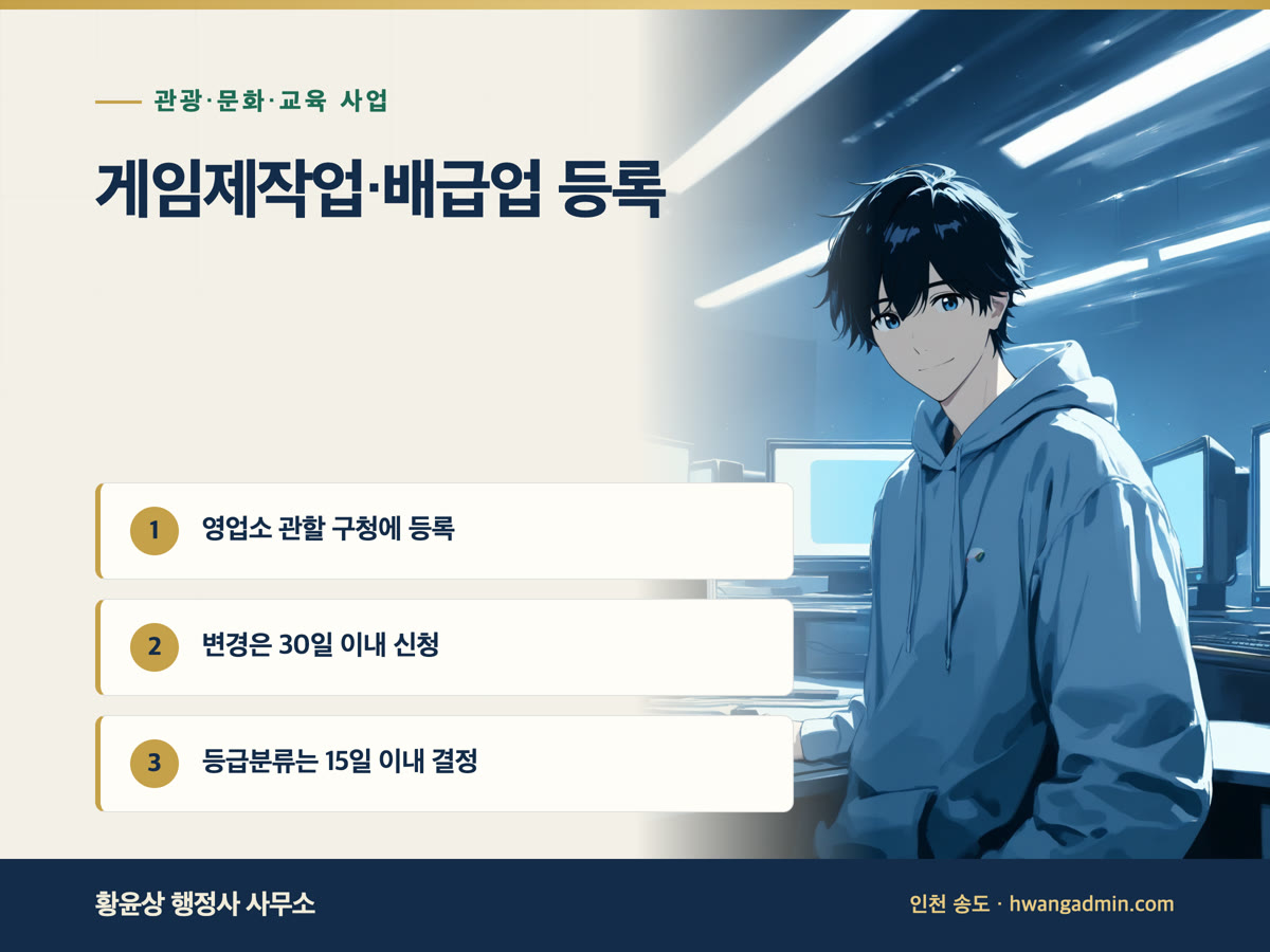 게임제작업·게임배급업 등록 절차 — 구청 등록 서류와 변경등록 30일 — 안내 이미지