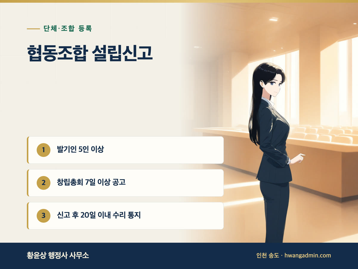 협동조합 설립신고 방법 — 발기인 5인·창립총회·시·도지사 신고 서류와 처리기간 20일 — 안내 이미지