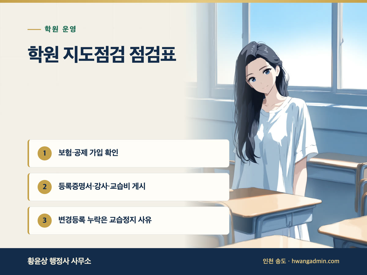 학원 지도점검 과태료 항목 — 보험 가입·게시 의무·변경등록 점검표 — 안내 이미지