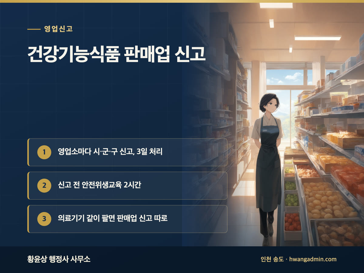 건강기능식품 일반판매업 신고 방법 — 사전교육 2시간·의료기기 판매업 신고 함께 하기 — 안내 이미지