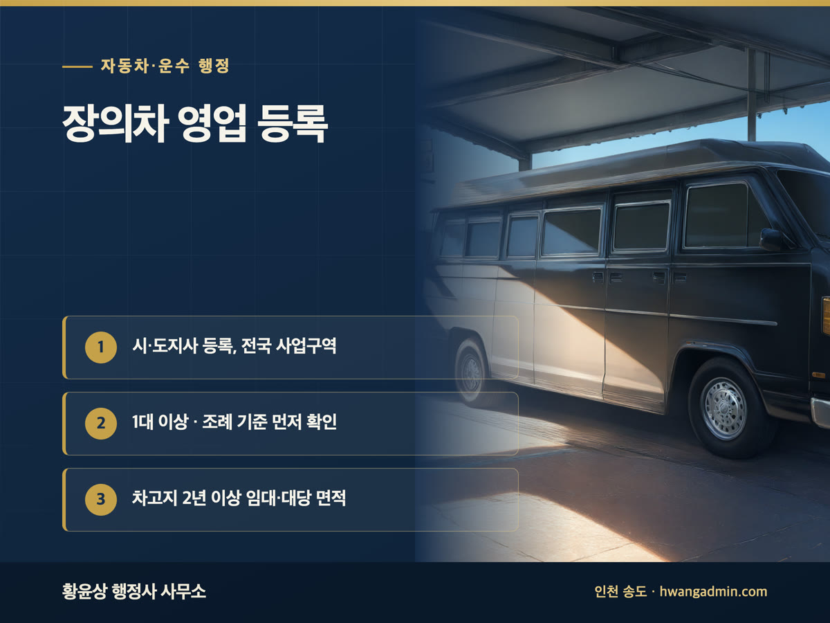 장의차 영업 등록 방법 — 특수여객자동차운송사업 등록기준과 차고지 면적 — 안내 이미지