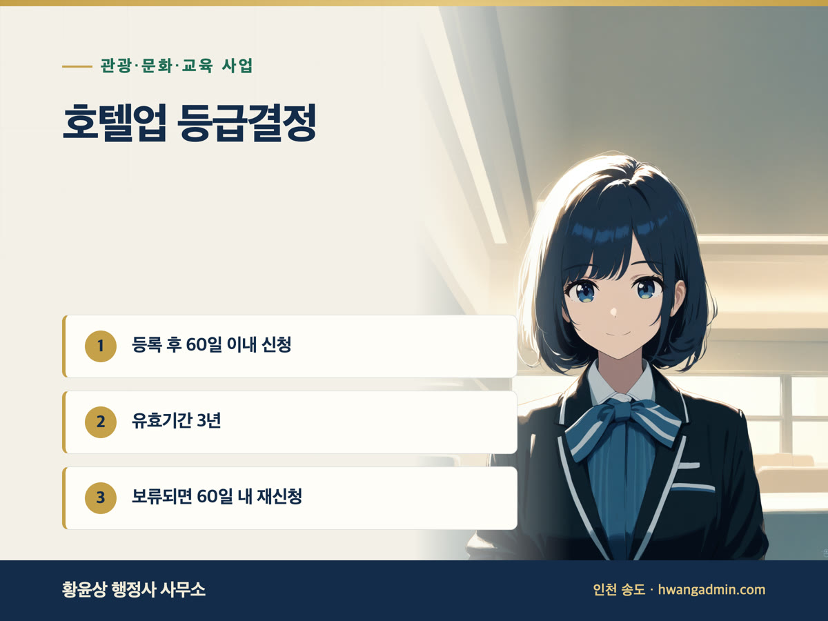 호텔업 등급결정 신청 기한 — 신규 등록 60일, 유효기간 3년과 재신청 — 안내 이미지