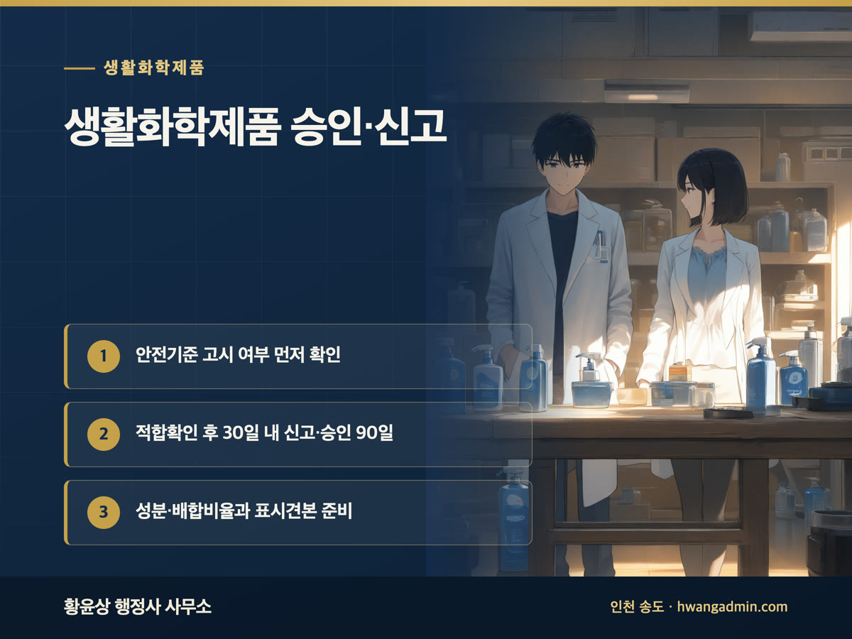 안전확인대상 생활화학제품 승인·신고 절차와 서류 — 안전기준 고시 여부부터 확인 — 안내 이미지