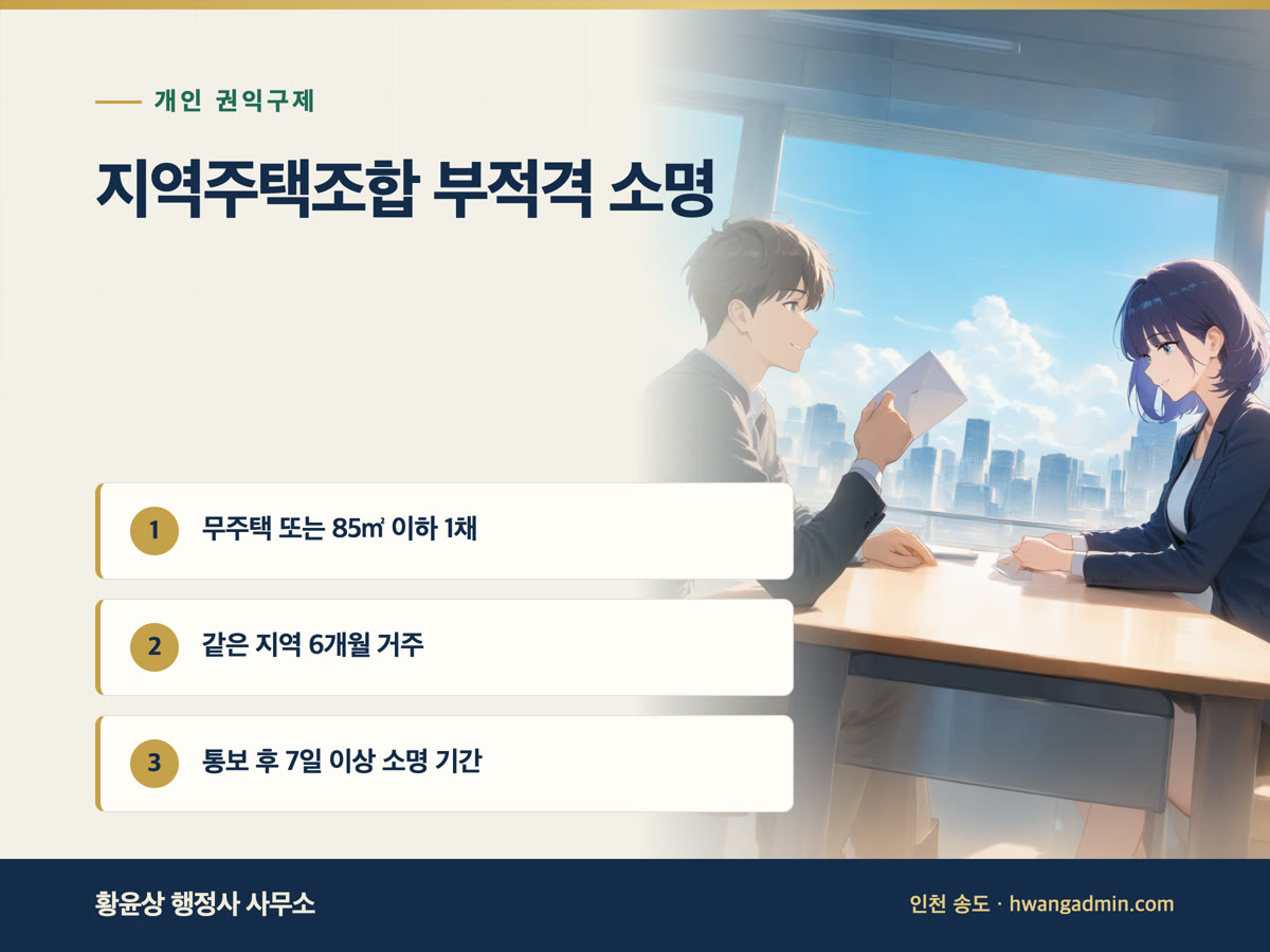 지역주택조합 조합원 부적격 소명서 작성 — 무주택·85㎡ 1채·6개월 거주 요건과 소명 기간 — 안내 이미지