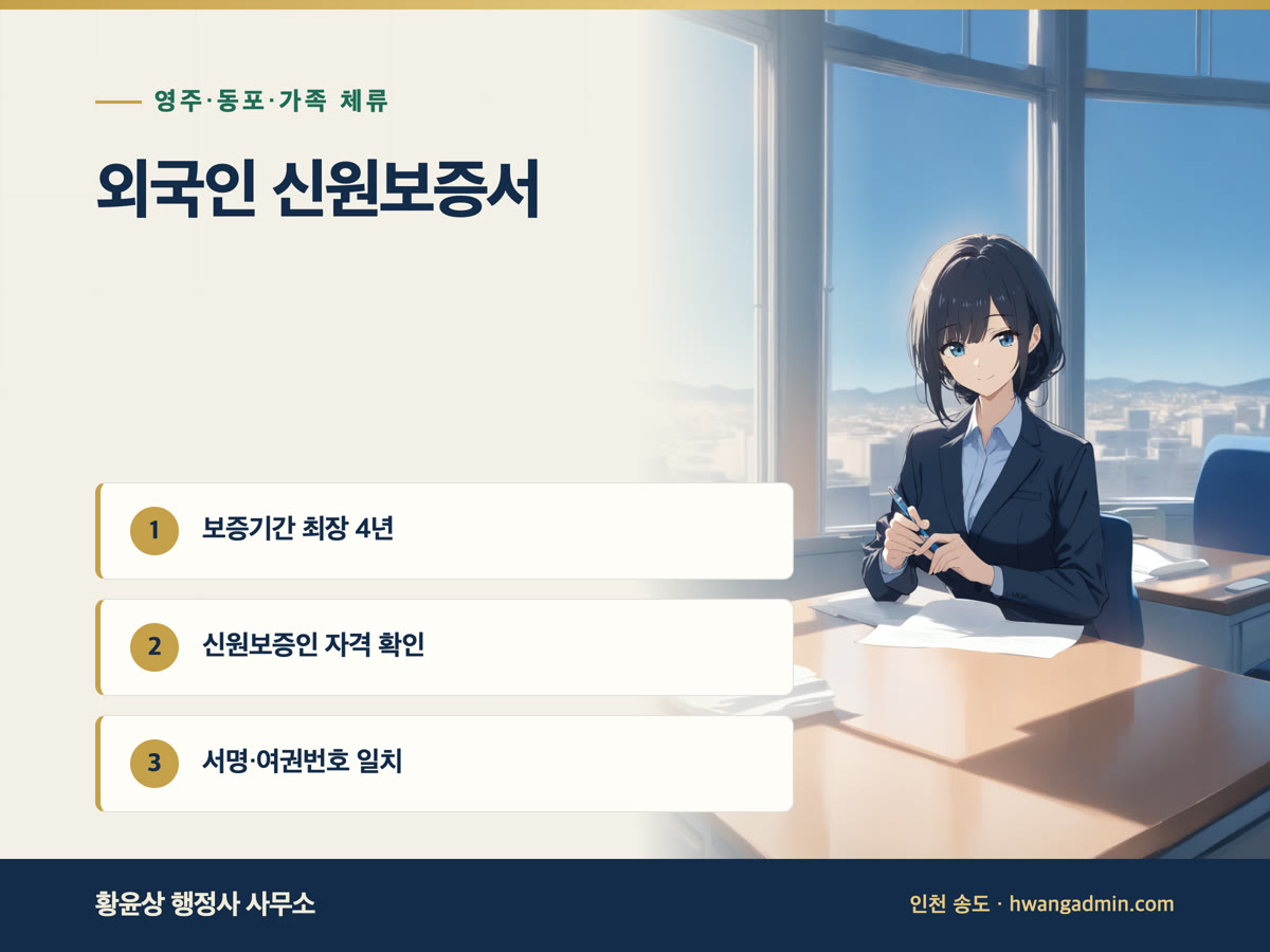 외국인 신원보증서 작성 — 보증기간 최장 4년과 신원보증인 자격 확인 — 안내 이미지