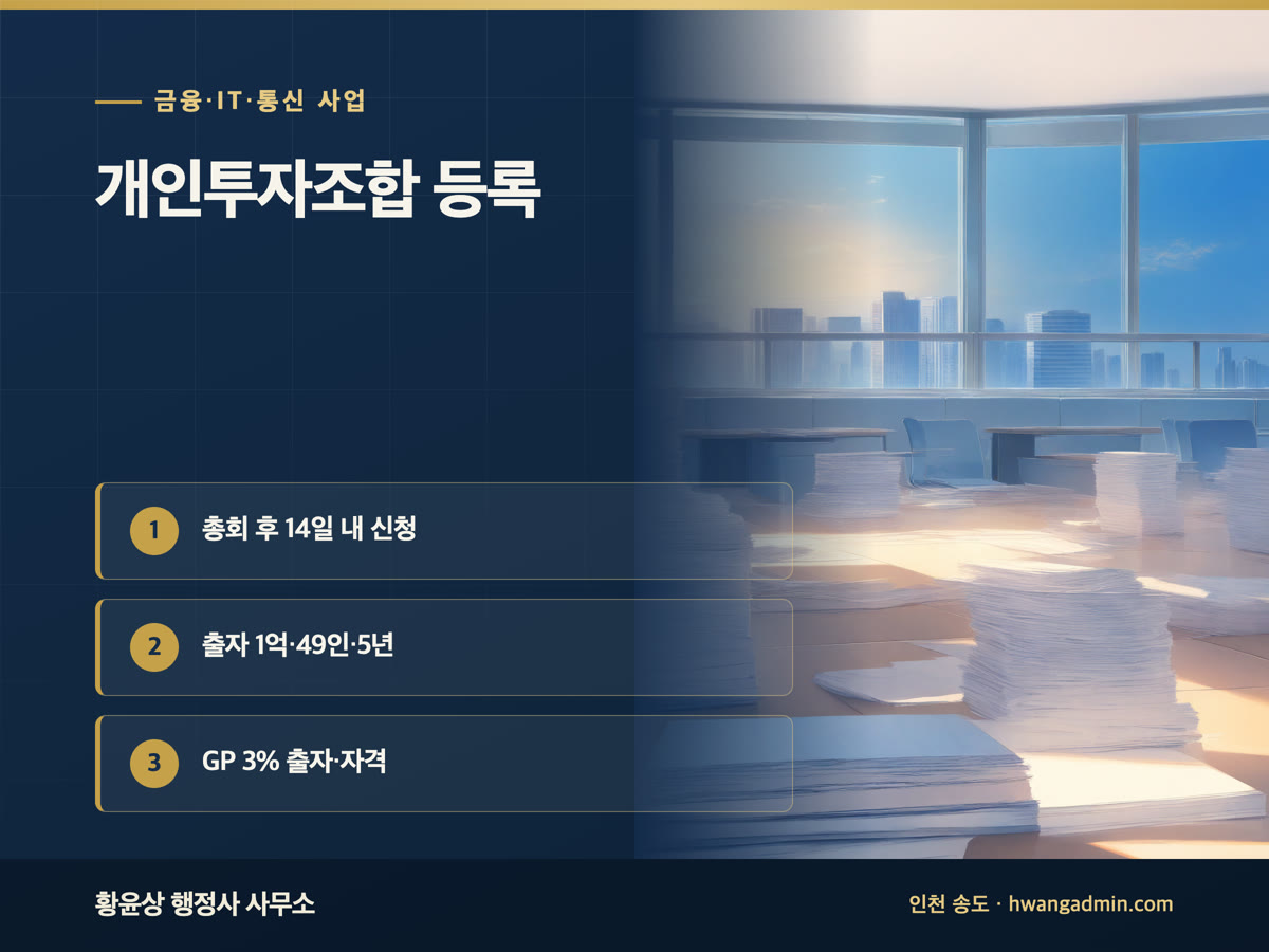 개인투자조합 등록 요건과 서류 — 출자금 1억·조합원 49인·존속기간 5년 — 안내 이미지