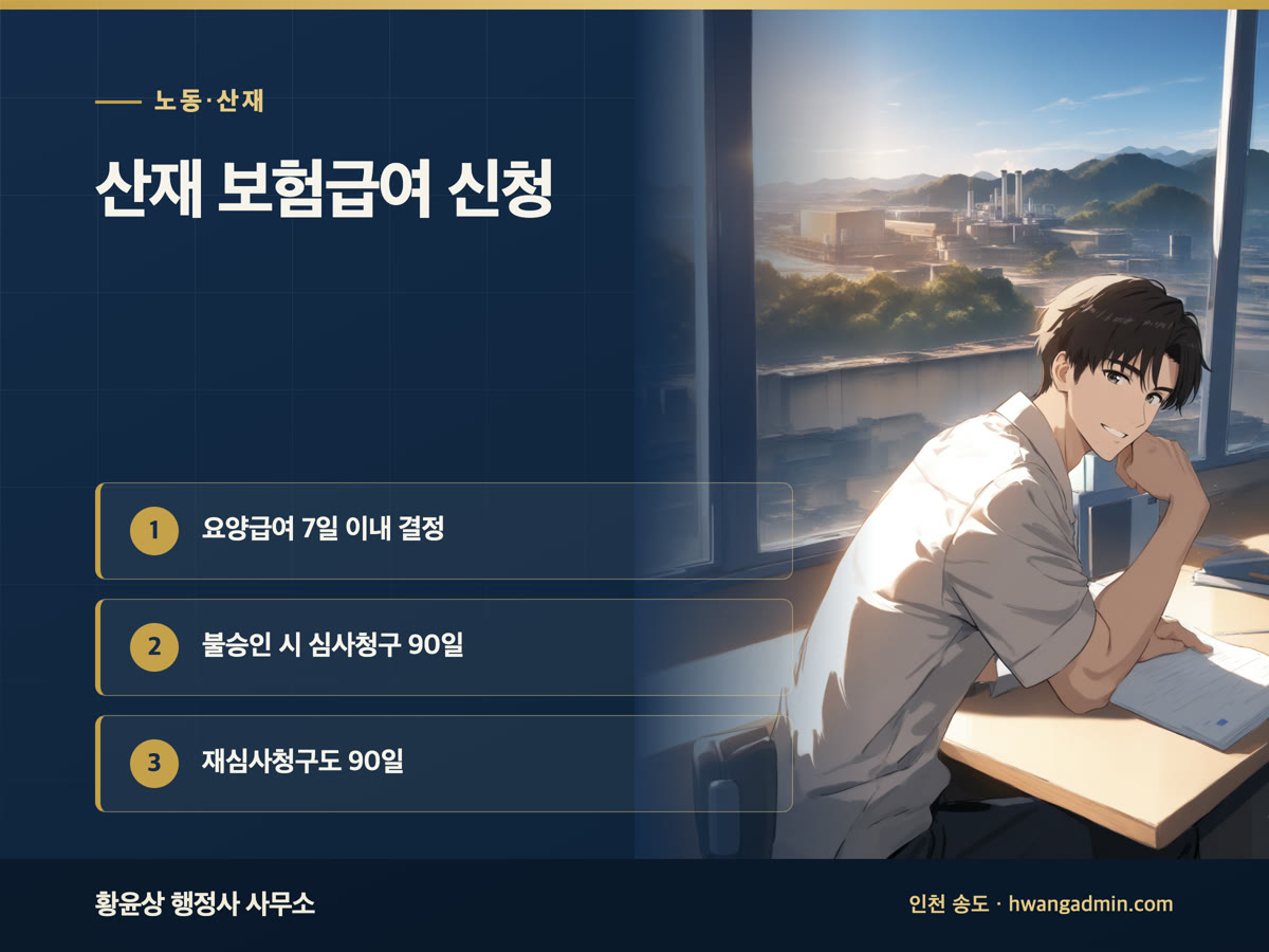 산재 보험급여 신청 — 요양급여 신청부터 심사청구 90일까지 — 안내 이미지