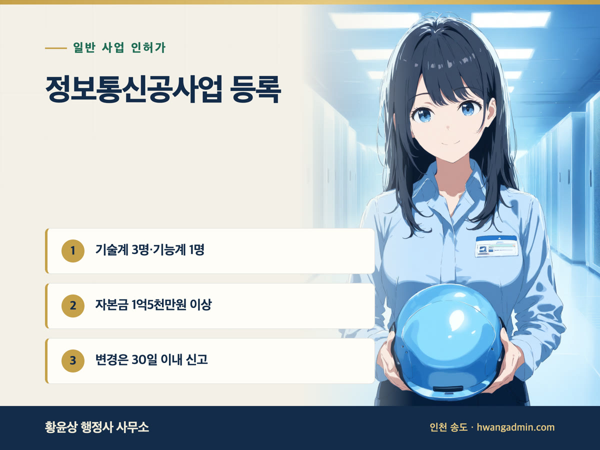 정보통신공사업 등록 요건 — 자본금 1억5천만원·기술자 4명과 신청 서류 — 안내 이미지