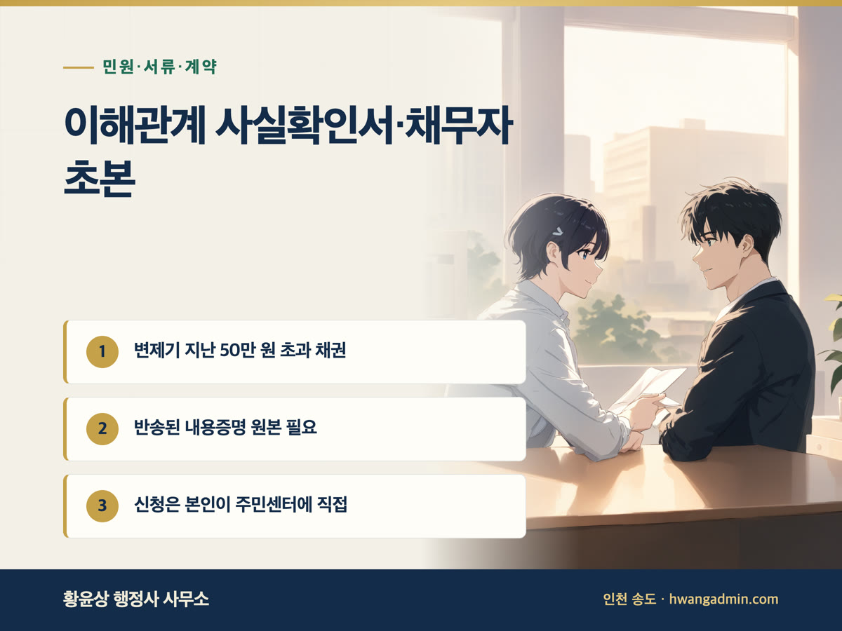 이해관계 사실확인서로 채무자 주민등록초본 발급 — 내용증명 반송 후 신청 서류와 50만 원 기준 — 안내 이미지