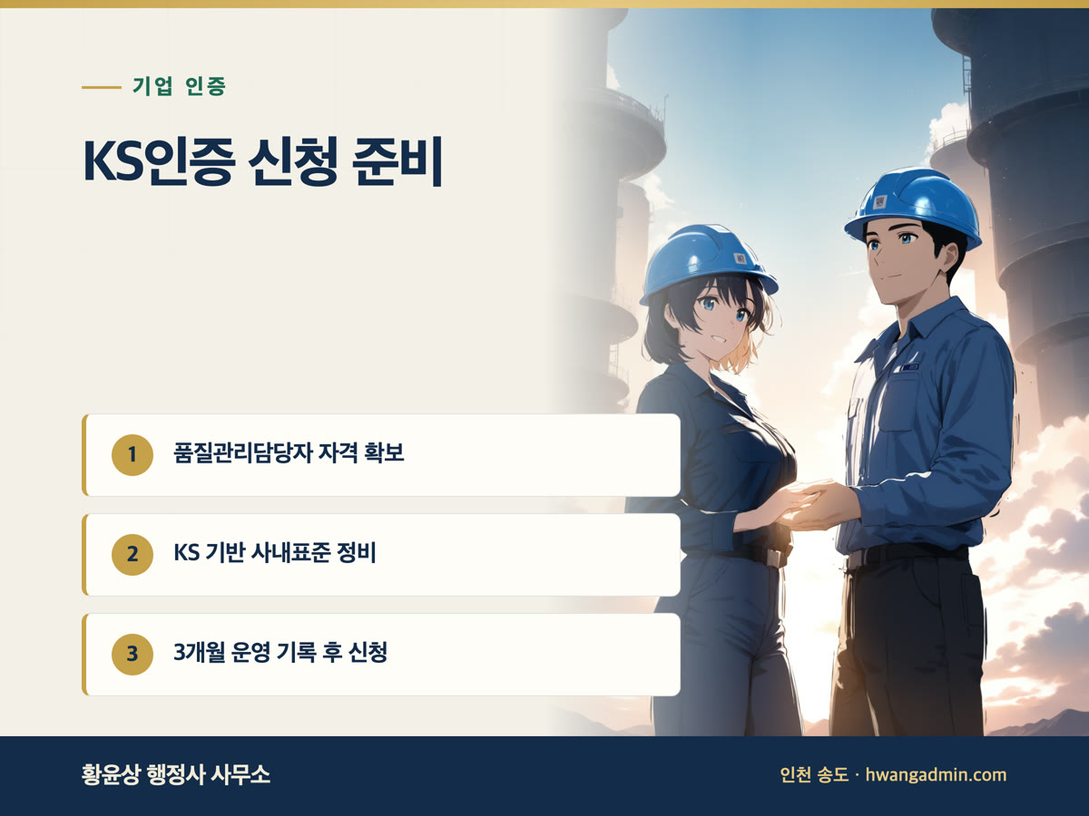 KS인증 신청 준비 — 품질관리담당자 자격·사내표준·공장심사 3개월 기록 — 안내 이미지
