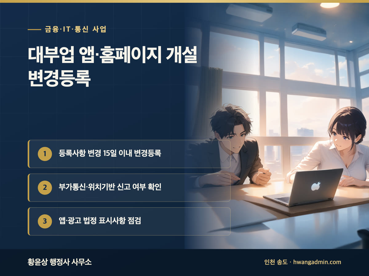 대부업 등록사항 변경등록 15일 기한 — 대출 앱·홈페이지 개설 시 부가통신·위치기반 신고와 광고 표시사항 — 안내 이미지
