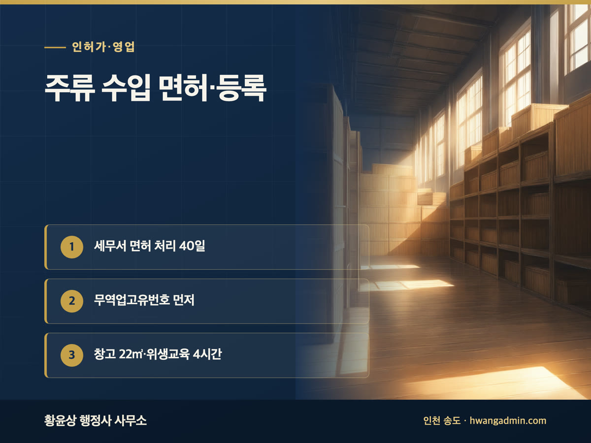 주류 수입 면허·수입식품 수입판매업 등록 방법 — 세무서와 식약청 서류, 창고 22㎡ — 안내 이미지