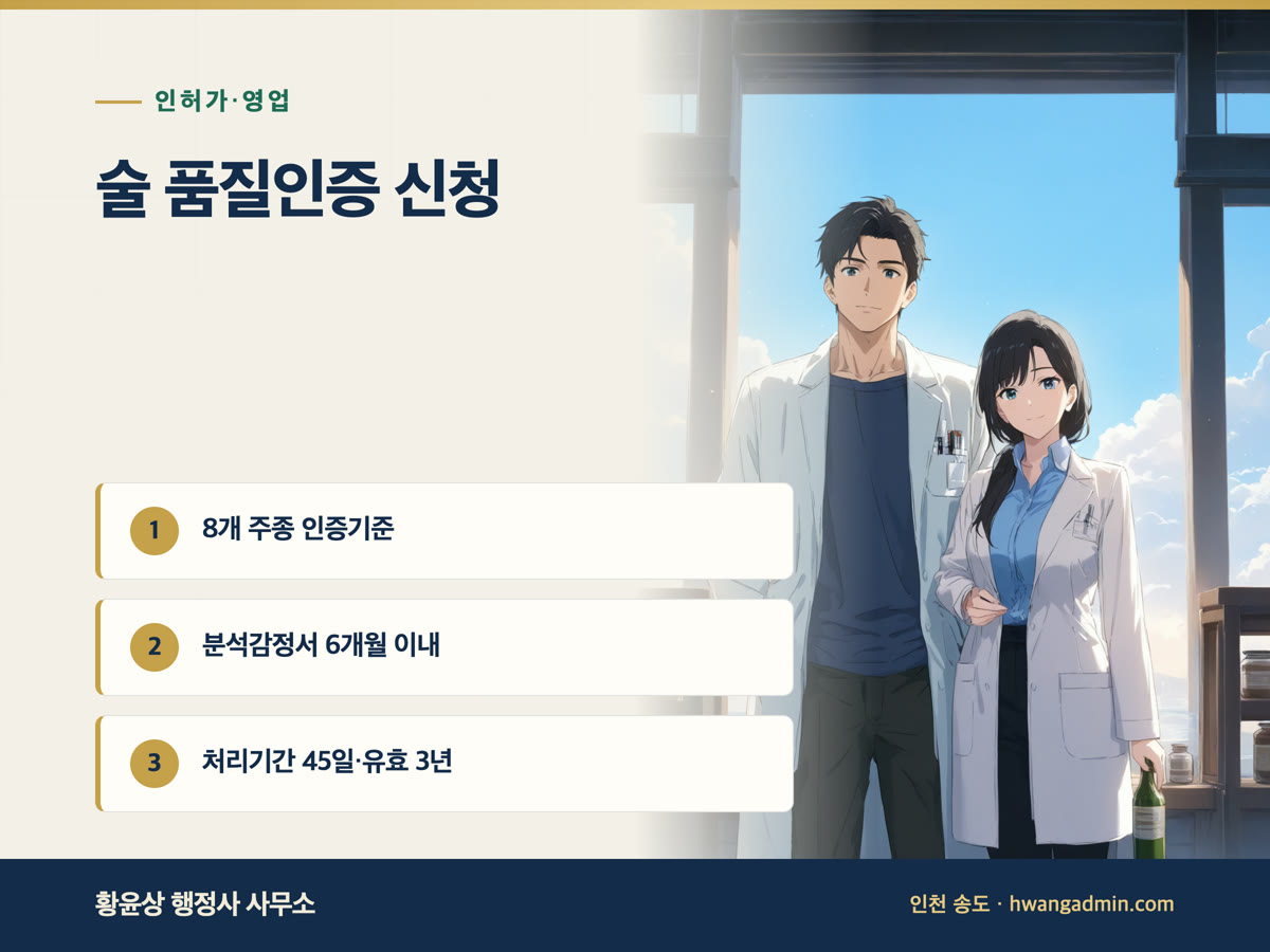 술 품질인증 신청 방법 — 막걸리·전통주 8개 주종 인증기준과 신청 서류, 처리기간 45일 — 안내 이미지