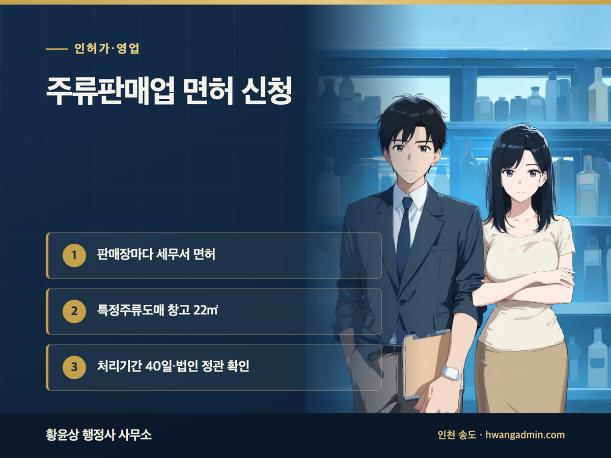 주류판매업 면허 신청 방법 — 특정주류도매업·전문소매업 요건과 창고 22㎡, 법인 정관 목적 추가 — 안내 이미지