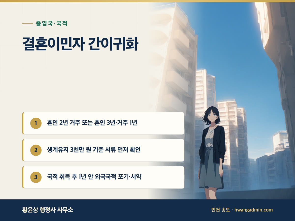 결혼이민자 간이귀화 요건과 서류 — 혼인 2년 거주 기준과 외국국적 포기 1년 — 안내 이미지