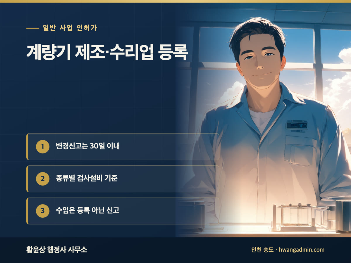 계량기 제조업·수리업 등록과 수입업 신고 — 종류별 검사설비와 구청 접수 서류 — 안내 이미지