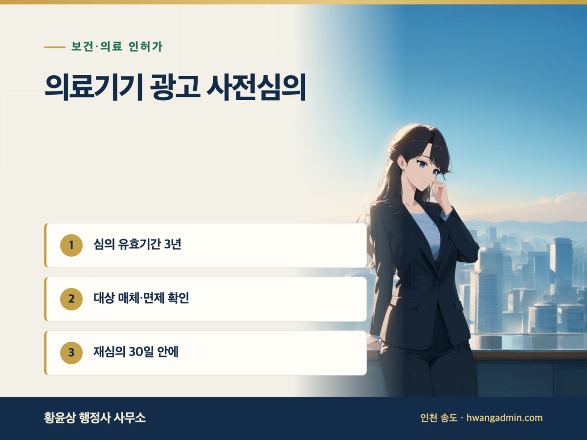 의료기기 광고 사전심의 대상과 절차 — 심의 유효기간 3년, 재심의는 30일 안에 — 안내 이미지