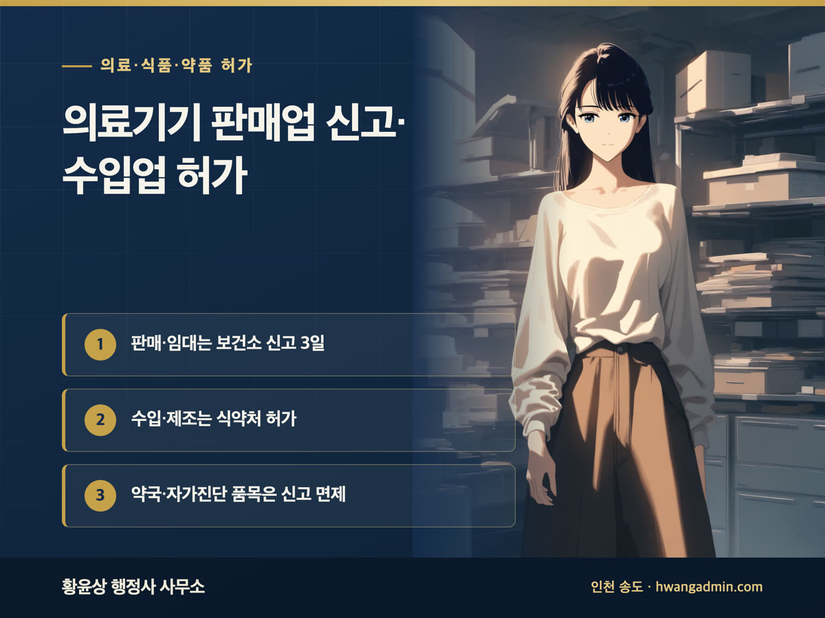 의료기기 판매업 신고·수입업 허가 방법 — 보건소 신고와 식약처 허가 구분 — 안내 이미지
