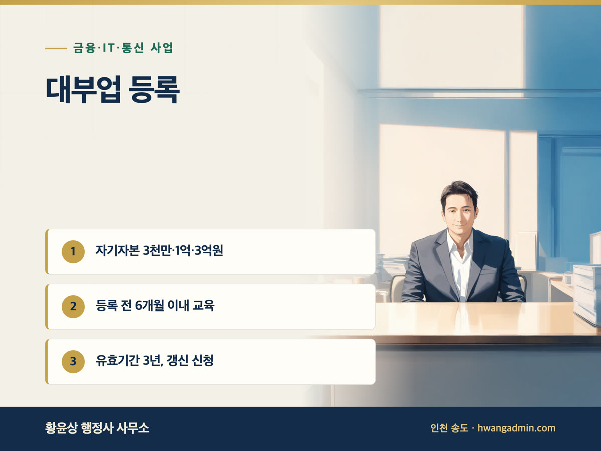 대부업 등록 요건과 서류 — 자기자본 1억·3억, 교육 이수, 유효기간 3년 — 안내 이미지