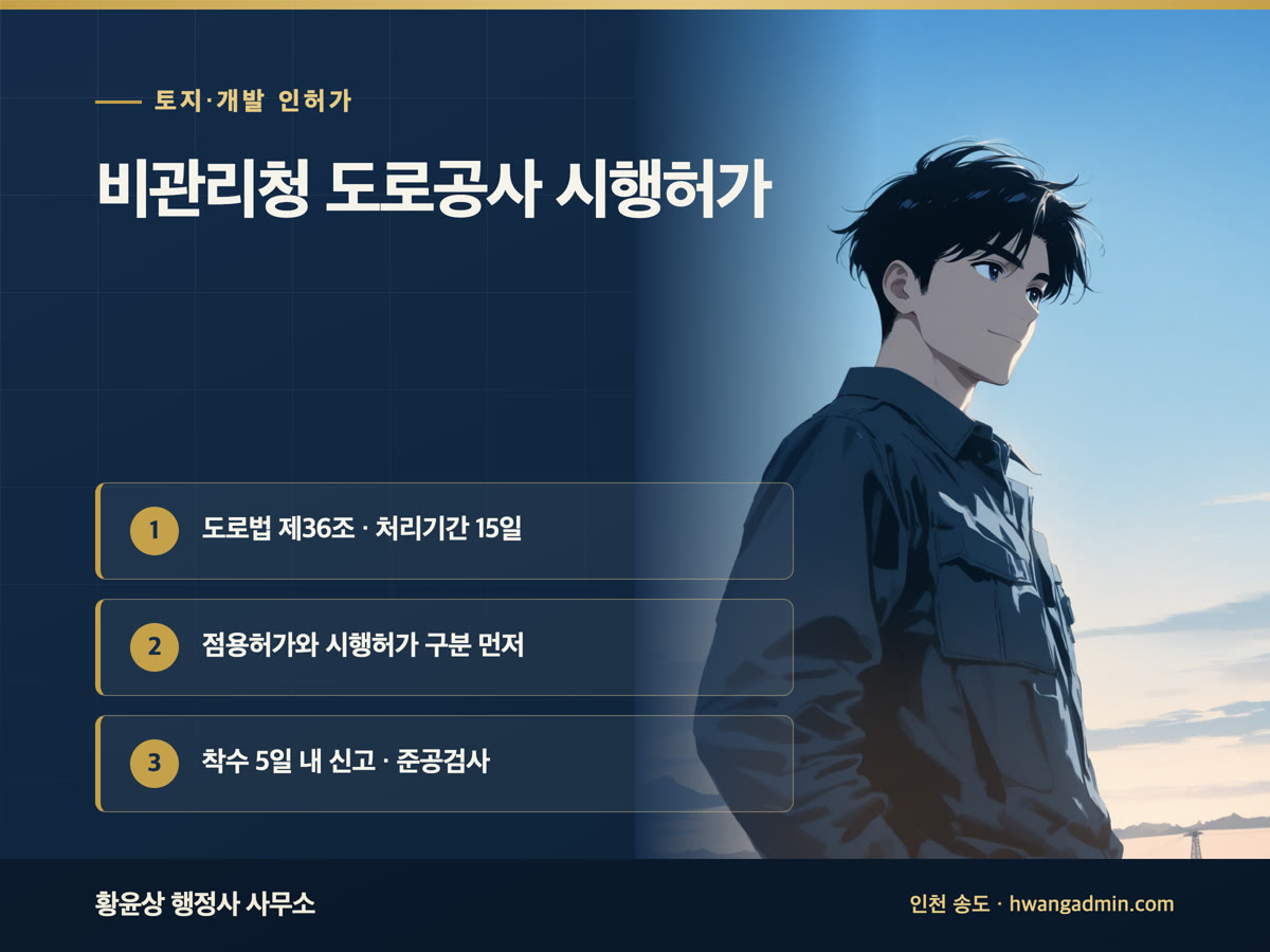 비관리청 도로공사 시행허가 절차와 서류 — 진입로·보도 정비, 도로법 제36조 허가와 준공검사 — 안내 이미지