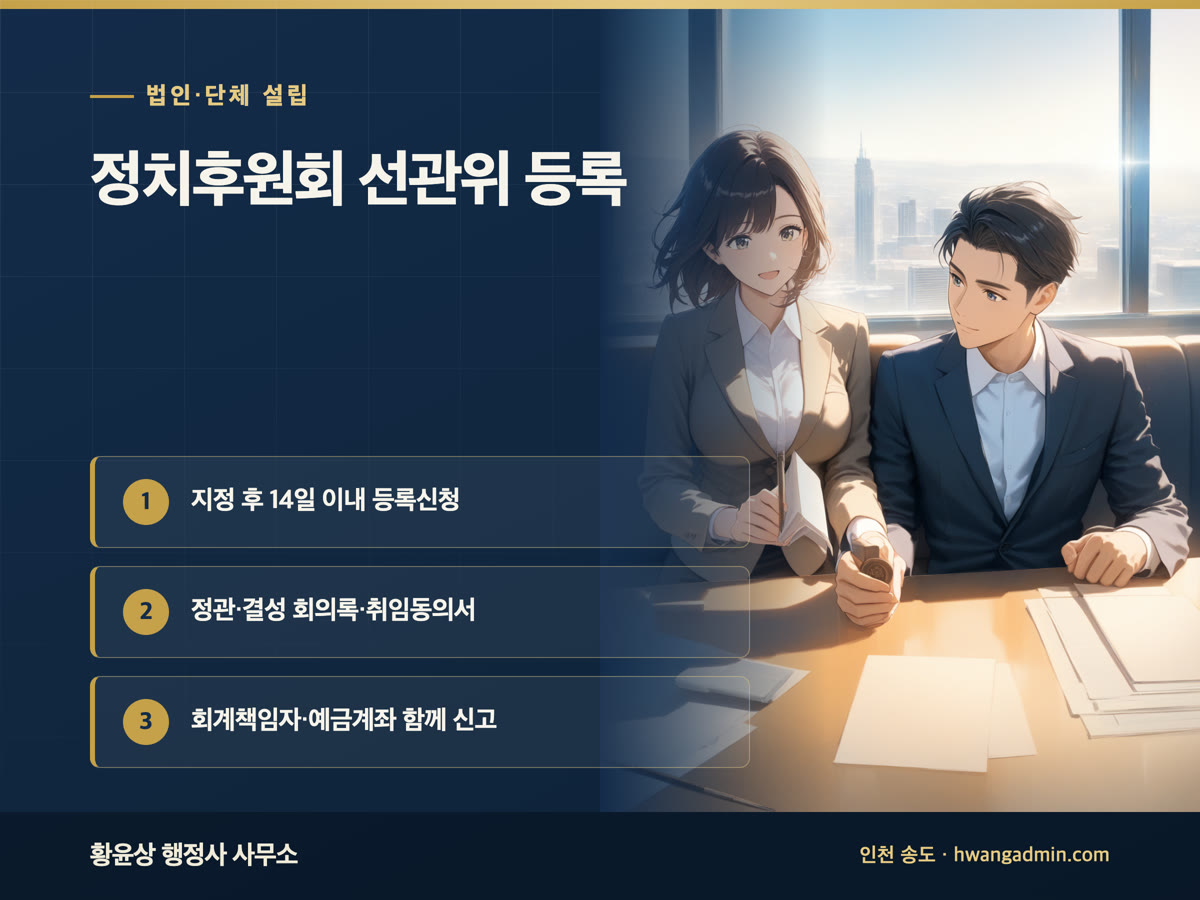 정치후원회 등록 신청 서류 — 지정 후 14일 이내 선관위 등록과 회계책임자 신고 — 안내 이미지