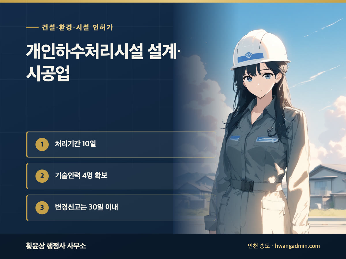 개인하수처리시설 설계·시공업 등록 기준 — 기술인력 4명·실험기기, 처리기간 10일 — 안내 이미지