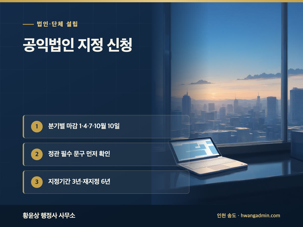 공익법인 지정 신청 방법 — 지정기부금단체 분기별 마감일과 정관 필수 문구 — 안내 이미지