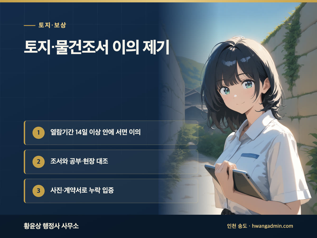 토지조서·물건조서 이의 제기 — 보상계획 열람 14일과 서면 이의 기한 — 안내 이미지