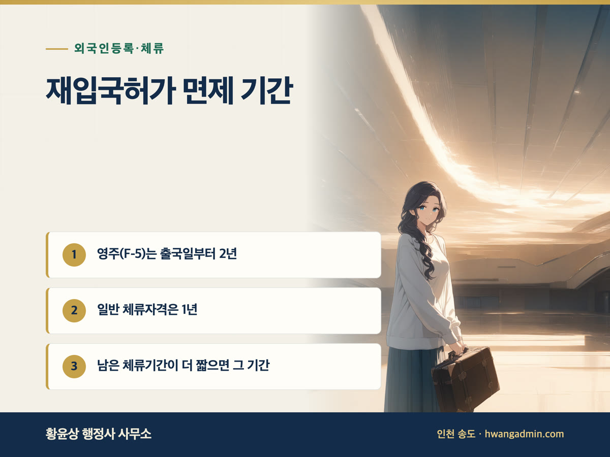 재입국허가 면제 기간 — 영주(F-5) 2년, 일반 등록외국인 1년과 남은 체류기간 계산법 — 안내 이미지