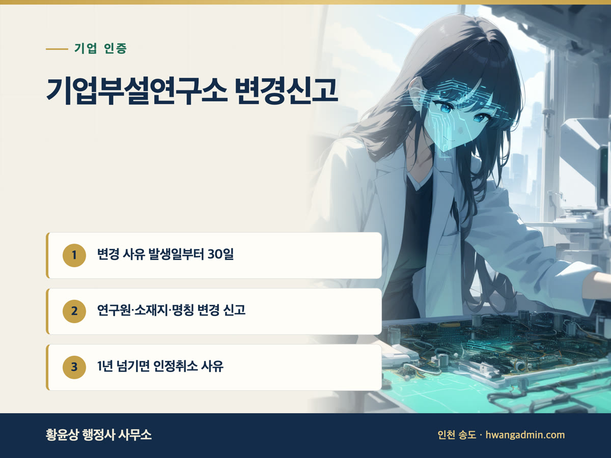 기업부설연구소 변경신고 기한 30일 — 연구원 입퇴사·이전·상호변경 신고 방법 — 안내 이미지