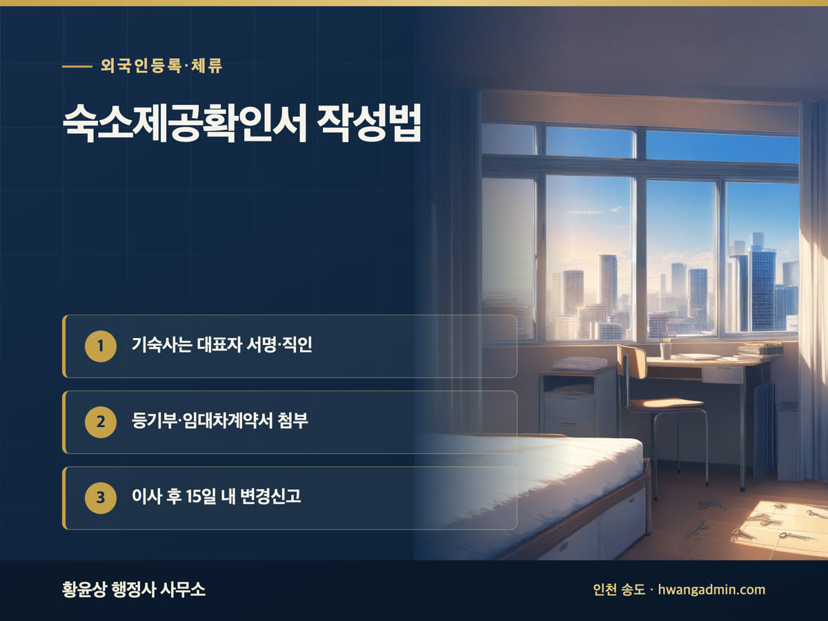 거주숙소제공확인서 작성법 — 기숙사·가족 집 체류지 입증서류와 보완 요청 줄이는 기재 요령 — 안내 이미지
