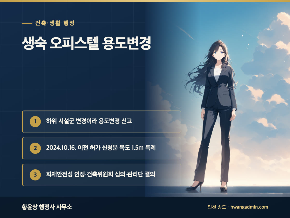 생활숙박시설 오피스텔 용도변경 절차 — 복도폭 1.5m 특례와 이행강제금 대응 — 안내 이미지
