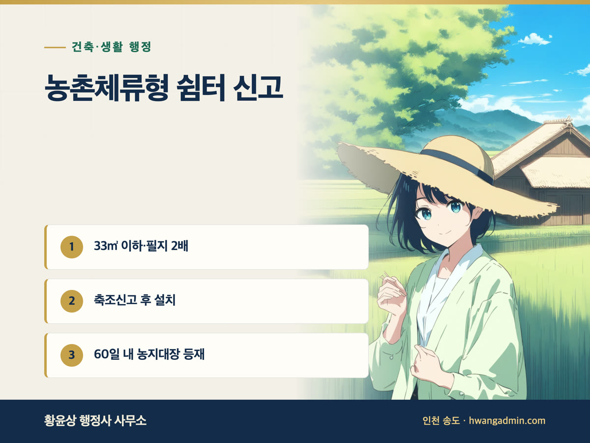 농촌체류형 쉼터 설치 방법 — 33㎡ 가설건축물 축조신고와 농지대장 등재 60일 — 안내 이미지