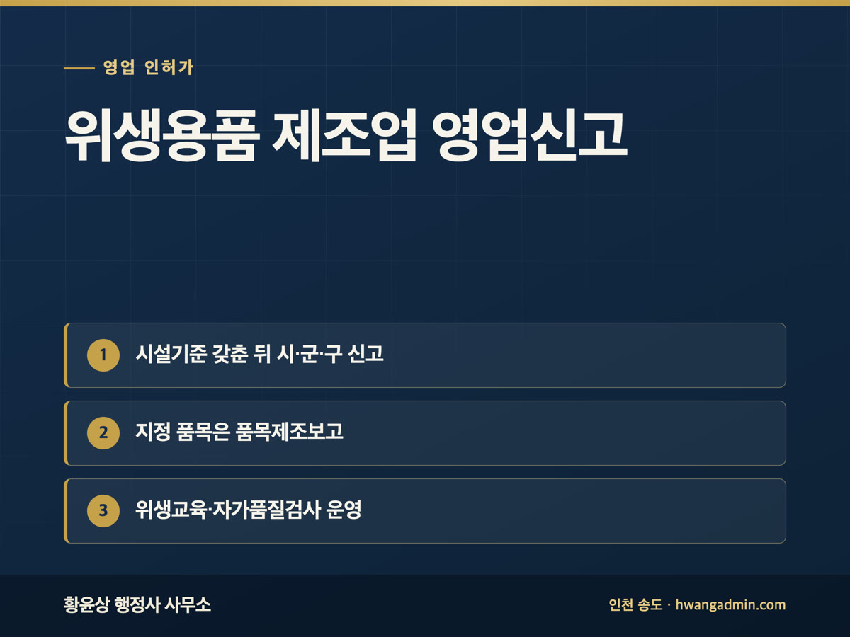 위생용품 제조업 영업신고 절차·시설기준 — 품목제조보고와 자가품질검사 — 안내 이미지