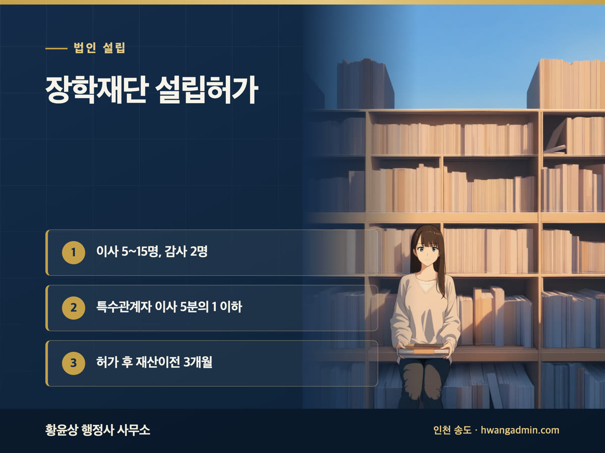 장학재단 설립허가 신청 — 공익법인 이사 5~15명·감사 2명과 교육청 제출 서류 — 안내 이미지