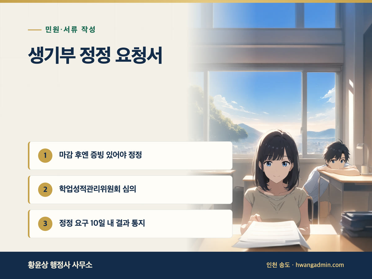 학교생활기록부 정정 요청서 작성 — 학업성적관리위원회 심의와 증빙자료 — 안내 이미지