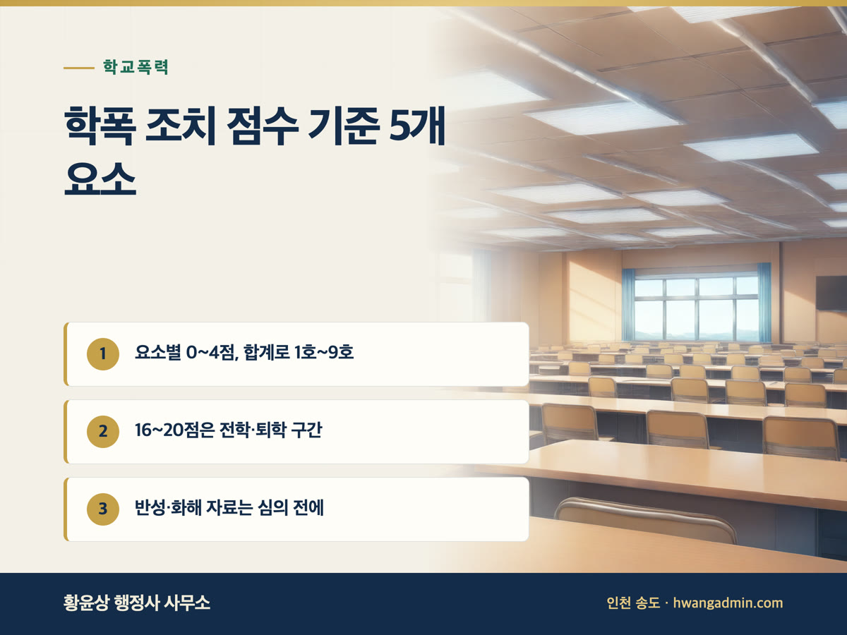 학교폭력 가해학생 조치 점수 기준 — 5개 판단요소와 1호~9호 구간 — 안내 이미지