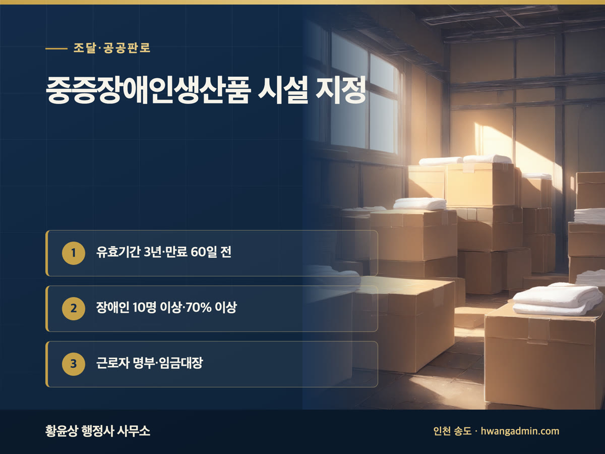 중증장애인생산품 생산시설 지정 요건 — 장애인 10명·70%·중증 60%와 재지정 신청 — 안내 이미지