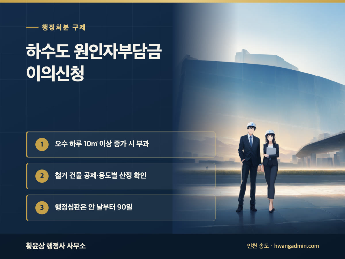 하수도 원인자부담금 이의신청 — 철거 건물 공제 누락·오수발생량 산정 검토와 행정심판 기한 — 안내 이미지