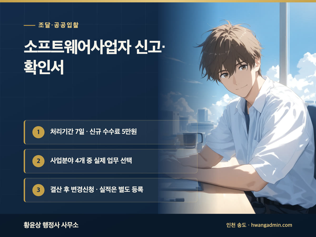 소프트웨어사업자 신고·일반 현황 관리확인서 발급 — 처리기간 7일, 신규 수수료 5만원 — 안내 이미지