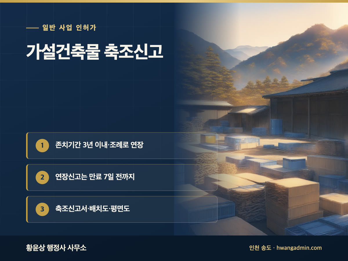 가설건축물 축조신고·존치기간 연장 방법 — 컨테이너 창고·공사장 임시사무소 3년 기준 — 안내 이미지