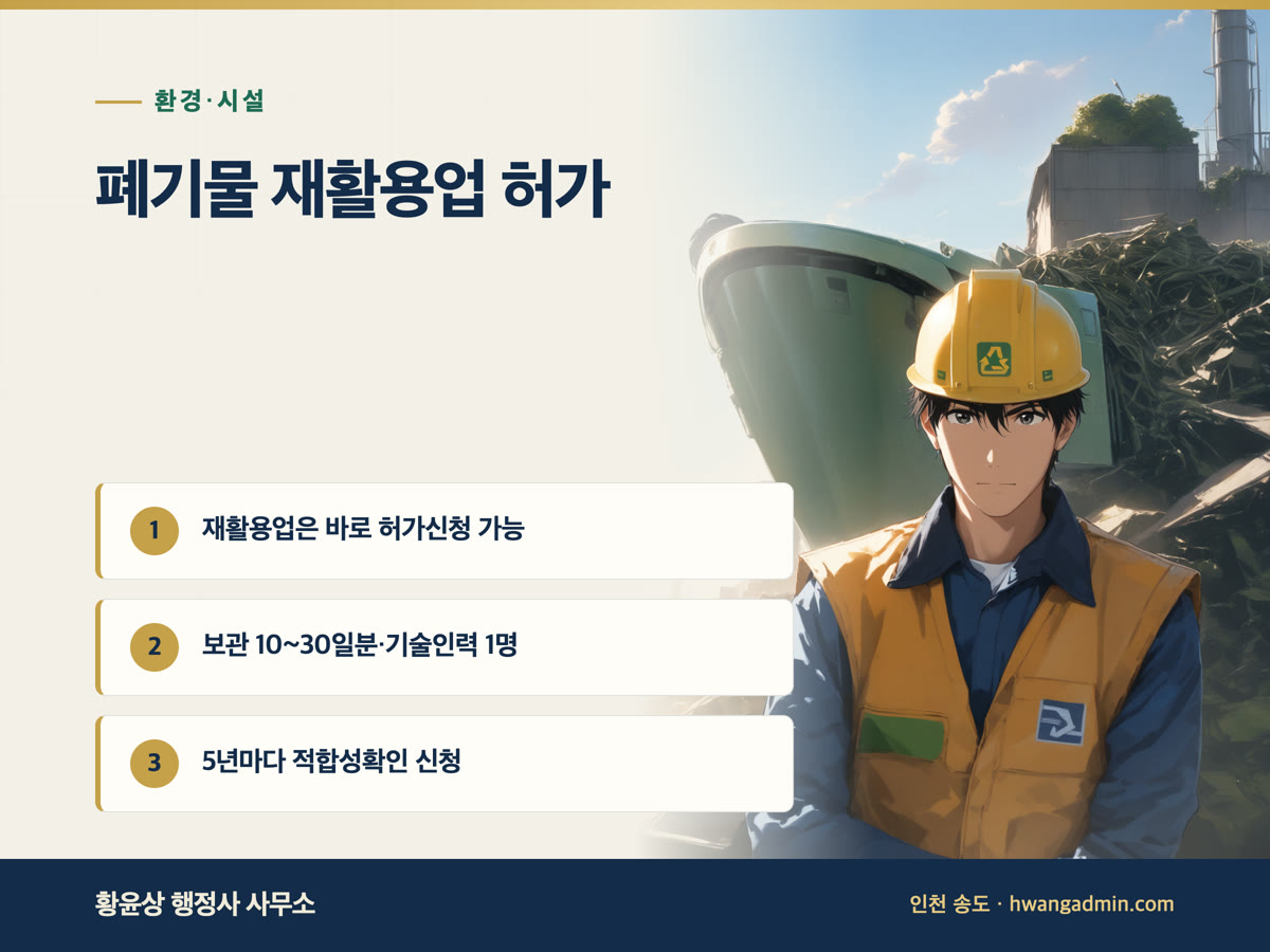 폐기물 재활용업 허가 절차 — 중간·최종·종합재활용업 시설기준, 변경허가와 5년 적합성확인 — 안내 이미지