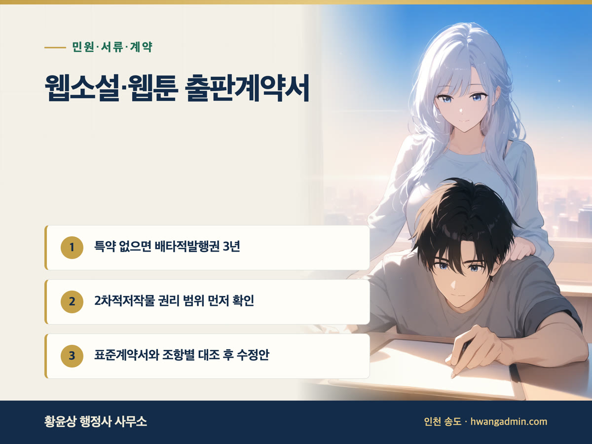 웹소설·웹툰 작가 출판계약서 작성 — 표준계약서와 대조한 배타적발행권·2차적저작물 조항 수정안 — 안내 이미지