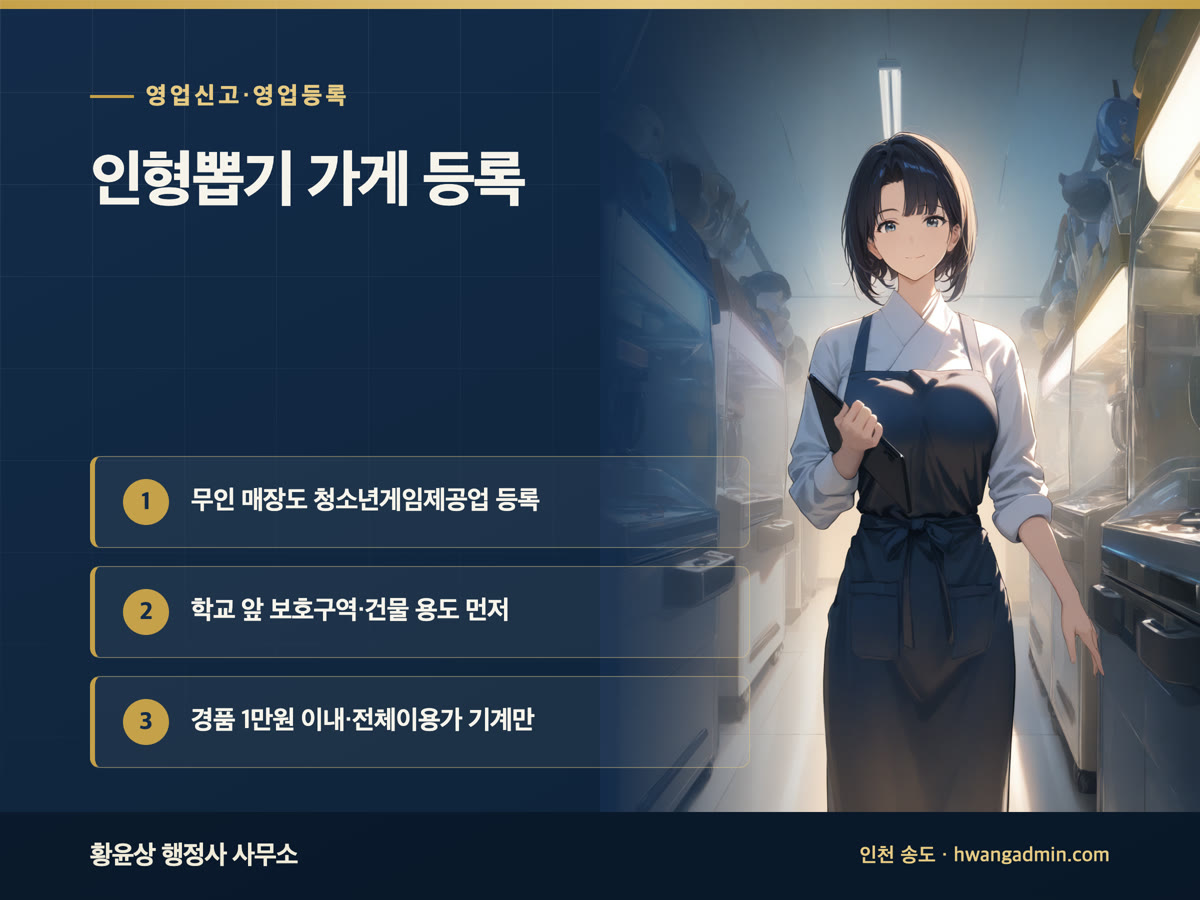 인형뽑기 가게 창업, 청소년게임제공업 등록 절차 — 경품 1만원 기준과 학교 앞 영업 제한 — 안내 이미지